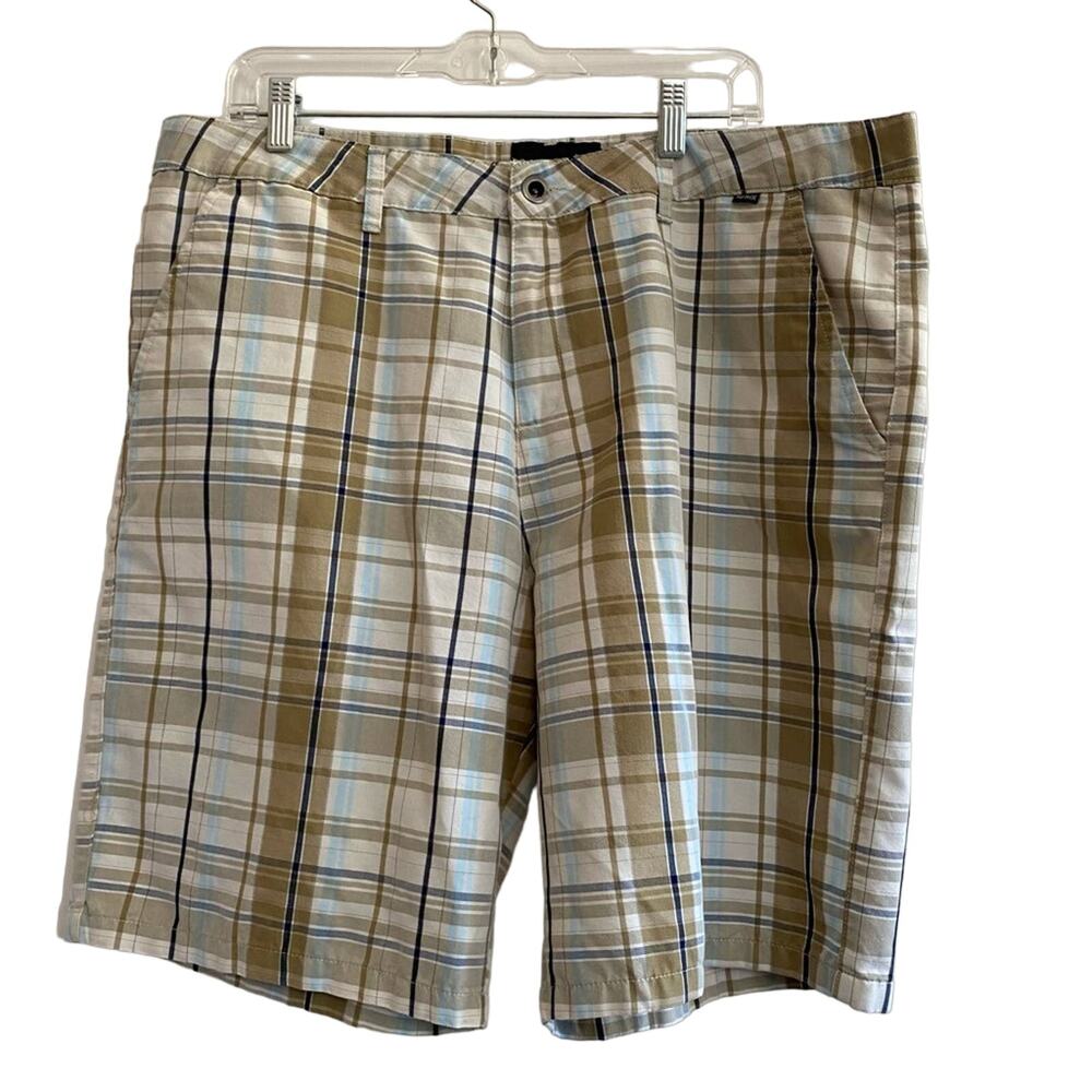 men's Hurley tan and blue plaid shorts size 38